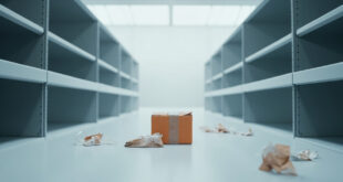 Empty warehouse shelves with single cardboard box in sterile lighting