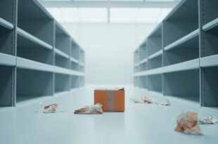 Empty warehouse shelves with single cardboard box in sterile lighting