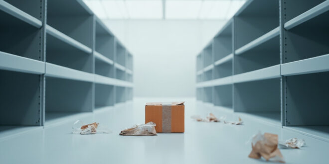 Empty warehouse shelves with single cardboard box in sterile lighting