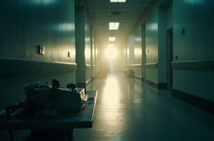 Abandoned medical equipment including defibrillator on metal table in empty prison infirmary corridor at dawn