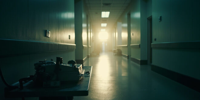 Abandoned medical equipment including defibrillator on metal table in empty prison infirmary corridor at dawn