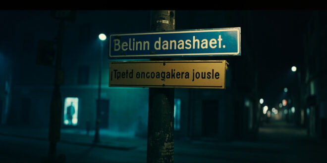 Two different street name signs mounted on single post, one covering the other, empty urban intersection background.