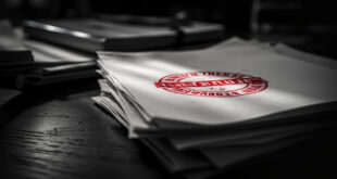 Stack of official policy documents on wooden desk with red rejection stamp, papers scattered around