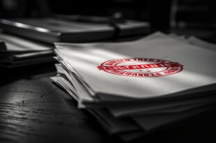 Stack of official policy documents on wooden desk with red rejection stamp, papers scattered around