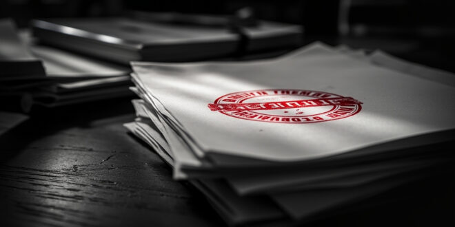 Stack of official policy documents on wooden desk with red rejection stamp, papers scattered around
