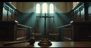 Wooden courthouse interior with scales of justice on bench, dramatic lighting through tall windows