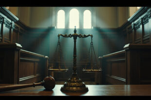 Wooden courthouse interior with scales of justice on bench, dramatic lighting through tall windows