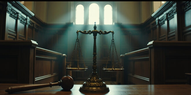 Wooden courthouse interior with scales of justice on bench, dramatic lighting through tall windows