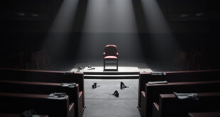 Empty dark wooden chair in parliamentary chamber with burgundy upholstery and formal government bench setting