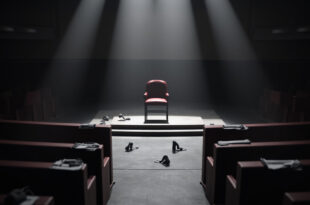 Empty dark wooden chair in parliamentary chamber with burgundy upholstery and formal government bench setting