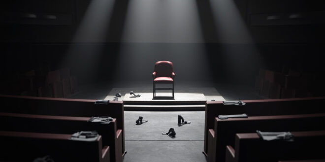 Empty dark wooden chair in parliamentary chamber with burgundy upholstery and formal government bench setting