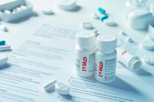 White prescription bottles and medical documents scattered on laboratory desk under bright clinical lighting