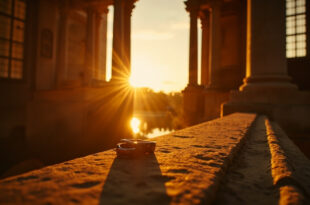 Empty baroque castle wedding venue with ornate rings on stone balustrade at sunset, golden light reflecting on lake