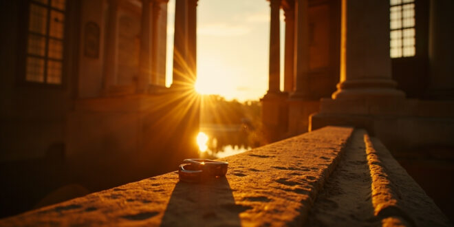Empty baroque castle wedding venue with ornate rings on stone balustrade at sunset, golden light reflecting on lake