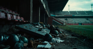 Empty football dugout with overturned tactics board and scattered papers in dimly lit stadium