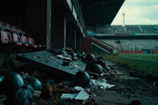 Empty football dugout with overturned tactics board and scattered papers in dimly lit stadium