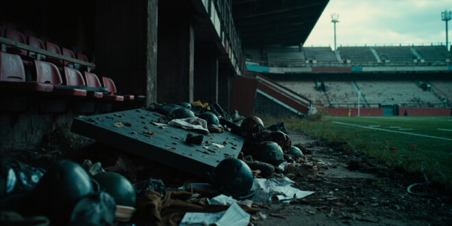 Empty football dugout with overturned tactics board and scattered papers in dimly lit stadium