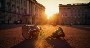 Ceremonial drums and brass instruments arranged in tribute formation at dawn in the empty courtyard of Buckingham Palace