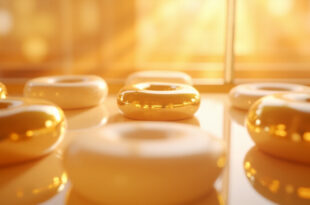 Golden glazed donuts arranged in circular pattern on white bakery display tray with warm lighting
