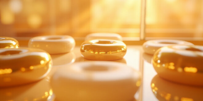 Golden glazed donuts arranged in circular pattern on white bakery display tray with warm lighting