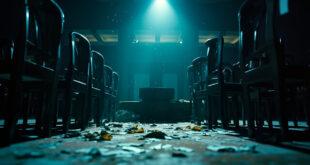 Empty parliamentary chamber at dusk with displaced chairs, scattered documents, and abandoned podium symbolizing political crisis