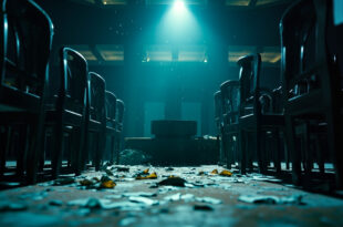 Empty parliamentary chamber at dusk with displaced chairs, scattered documents, and abandoned podium symbolizing political crisis