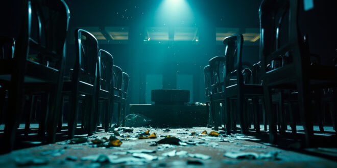 Empty parliamentary chamber at dusk with displaced chairs, scattered documents, and abandoned podium symbolizing political crisis