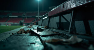 Empty football dugout with tactical papers scattered on bench under harsh stadium lights