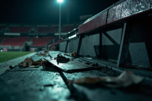 Empty football dugout with tactical papers scattered on bench under harsh stadium lights