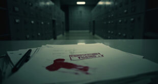 Red constitutional violation mark on stack of official government documents against gray desk in sterile office environment