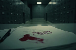 Red constitutional violation mark on stack of official government documents against gray desk in sterile office environment