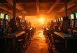 Abandoned gambling tables and slot machines sit unused on an empty Las Vegas casino floor at twilight, bathed in dim gold light.