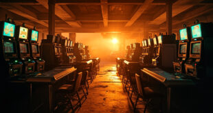 Abandoned gambling tables and slot machines sit unused on an empty Las Vegas casino floor at twilight, bathed in dim gold light.