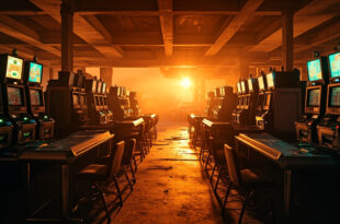 Abandoned gambling tables and slot machines sit unused on an empty Las Vegas casino floor at twilight, bathed in dim gold light.