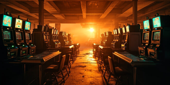 Abandoned gambling tables and slot machines sit unused on an empty Las Vegas casino floor at twilight, bathed in dim gold light.
