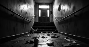 Empty stairwell leading to closed government office door with scattered leaflets on concrete steps