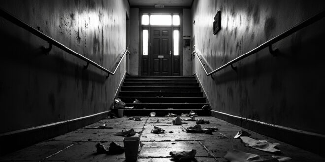 Empty stairwell leading to closed government office door with scattered leaflets on concrete steps