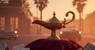 Ornate brass genie lamp with curling smoke wisps on burgundy velvet surrounded by scattered greeting cards.