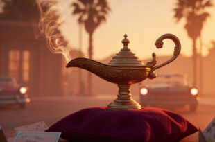 Ornate brass genie lamp with curling smoke wisps on burgundy velvet surrounded by scattered greeting cards.