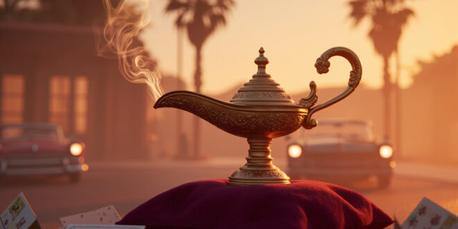 Ornate brass genie lamp with curling smoke wisps on burgundy velvet surrounded by scattered greeting cards.
