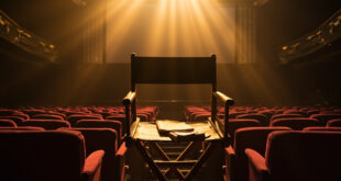 Empty director's chair with script positioned among vacant cinema seats facing a blank screen in abandoned theater at twilight
