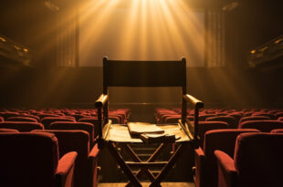 Empty director's chair with script positioned among vacant cinema seats facing a blank screen in abandoned theater at twilight