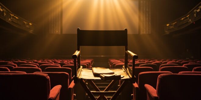 Empty director's chair with script positioned among vacant cinema seats facing a blank screen in abandoned theater at twilight