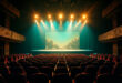 Empty Broadway theater with illuminated stage featuring Greek island backdrop, golden spotlights against deep blue ambiance