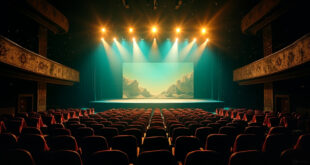 Empty Broadway theater with illuminated stage featuring Greek island backdrop, golden spotlights against deep blue ambiance