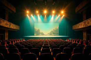 Empty Broadway theater with illuminated stage featuring Greek island backdrop, golden spotlights against deep blue ambiance