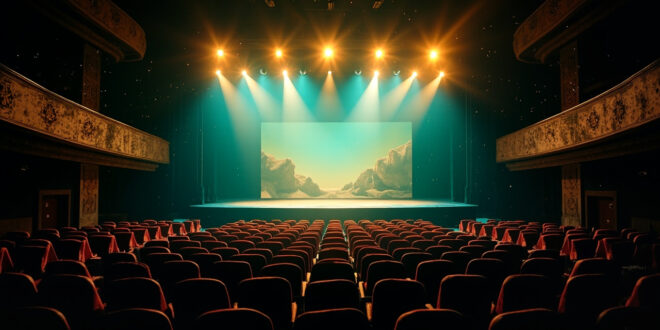 Empty Broadway theater with illuminated stage featuring Greek island backdrop, golden spotlights against deep blue ambiance