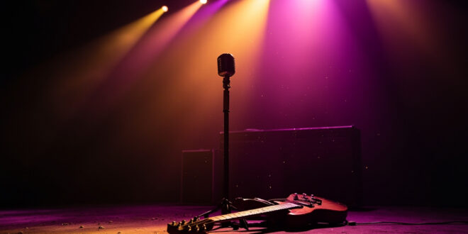 Vintage microphone stand on empty stage with lone electric guitar resting against amplifier in abandoned concert venue