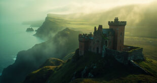 Red sandstone castle with turrets sits on grassy island grounds overlooking sea and distant mountains
