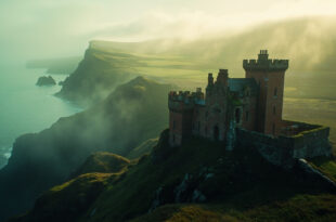 Red sandstone castle with turrets sits on grassy island grounds overlooking sea and distant mountains